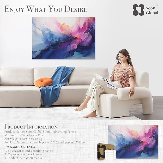 Soon Global 8-Pack Acoustic Panels, Soundproof Wall Panels, 48 X 32 Inches Sound Absorbing Panels, Decorative Acoustical Wall Panels, Acoustic Treatment for Recording Studio, Opulence