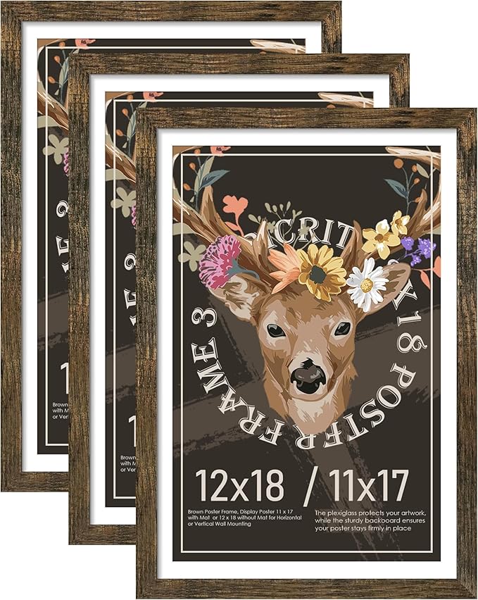 Picrit 12x18 Picture Frame 3 Pack, Wooden Brown Rustic Poster Frame, Display Poster 11 x 17 with Mat or 12 x 18 without Mat for Horizontal or Vertical Wall Mounting