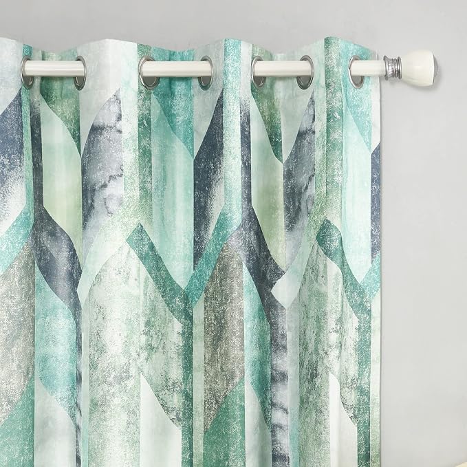 Leeva Geometric Printed Curtains & Drapes, Modern Style Faux Linen Grommet Window Curtain with Tiebacks for Home Office, 2 Panels, 52 x 63 in