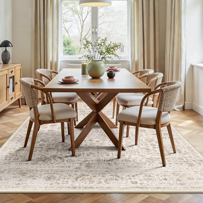 5x7 Area Rugs, Washable Vintage Retro Floral Rug for Living Room, Low Pile Non Slip Distressed Large Carpet for Bedroom, Dining Room, Office, Home (Light Brown)