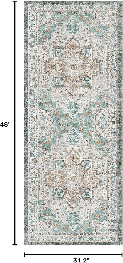 GENIMO 2‘6“x8 Runner Rugs for Hallway, Machine Washable Non Slip Vintage Rugs, Low Pile Lightweight Soft Print Rug for enrtyway, Corridor, Home Office, Kitchen, Cyan