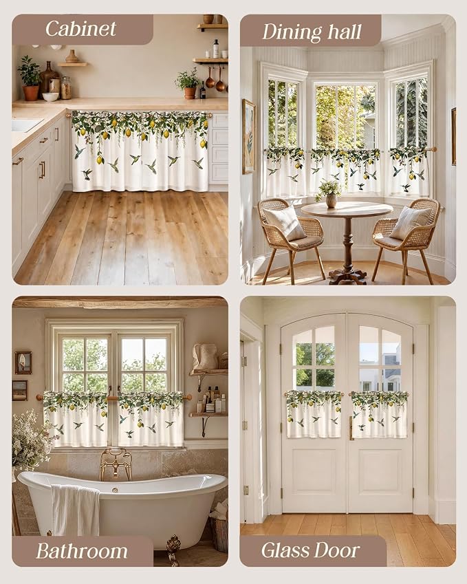 Miss Adola Farmhouse Kitchen Tier Curtains - 18 Inch Length Linen Blend Vintage Cafe Curtains Lemon Bird Small Window Treatments Over Sink Rod Pocket for Bathroom Living Room Light Filtering, 2 Panels
