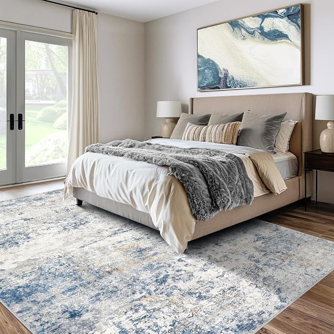 DMOYEST Area Rug Living Room Rugs - 4x6 Abstract Large Soft Indoor Washable Rug Neutral Modern Low Pile Carpet for Bedroom Dining Room Farmhouse Home Office - Blue