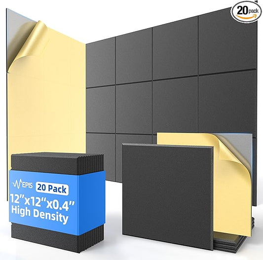 20 Pack Acoustic Panels with Self Adhesive, 12" X 12" X 0.4" High Density Sound Proof Foam Panels for Walls, Soundproof Wall Panels, Square Sound Absorbing Panels for Home Studio Office Decor - Black