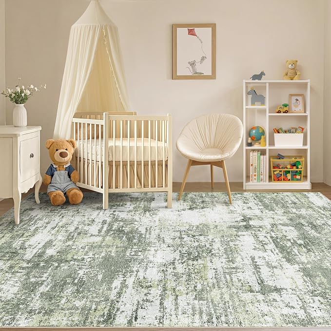Tortania Area Rug Living Room Rugs - 8x10 Modern Abstract Neutral Large Soft Thin Rugs - Non Slip Indoor Carpet for Bedroom Dining Room Office Nursery Home Floor Decoration - Green