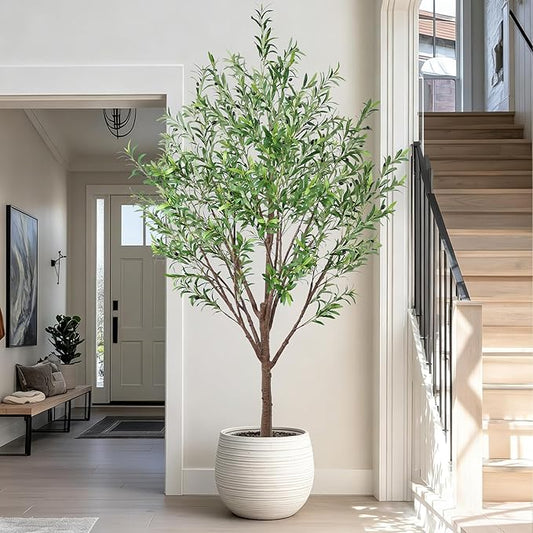 Artificial Olive Trees Indoor 8FT - Tall Fake Olive Tree with Realistic Trunk Lifelike Silk Leaves and Fruits, Faux Floor Plant for Home Office Living Room Decor