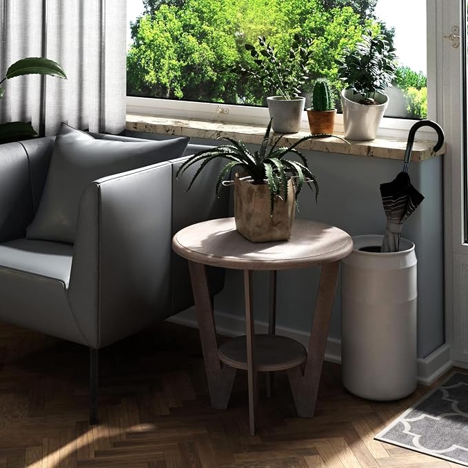 Set of 2 Rustic Farmhouse end Table with Storage Shelf, French Country Accent Side Table for Family, Dinning or Living Room, Small Spaces, Modern, Round, Vintage Grey Finish