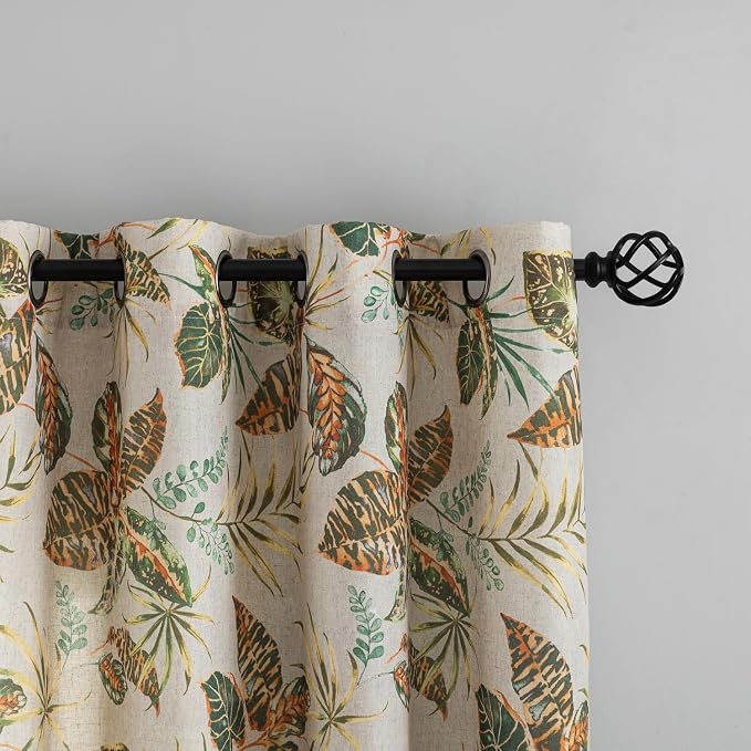 ALIGOGO Linen Botanical Curtains - 96" Long for Living Room - Tropical Leaves Pattern - Semi-Sheer - Cottage Core - Privacy Protect - French Country - Moody - 50" W x 96" L