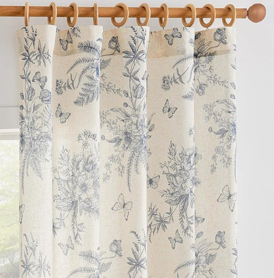jinchan Linen Floral Curtains for Living Room 96 Inch Length Blue Farmhouse Curtains Rod Pocket Back Tab Pattern French Country Vintage Curtain, 2 Panels Flower Printed Curtain