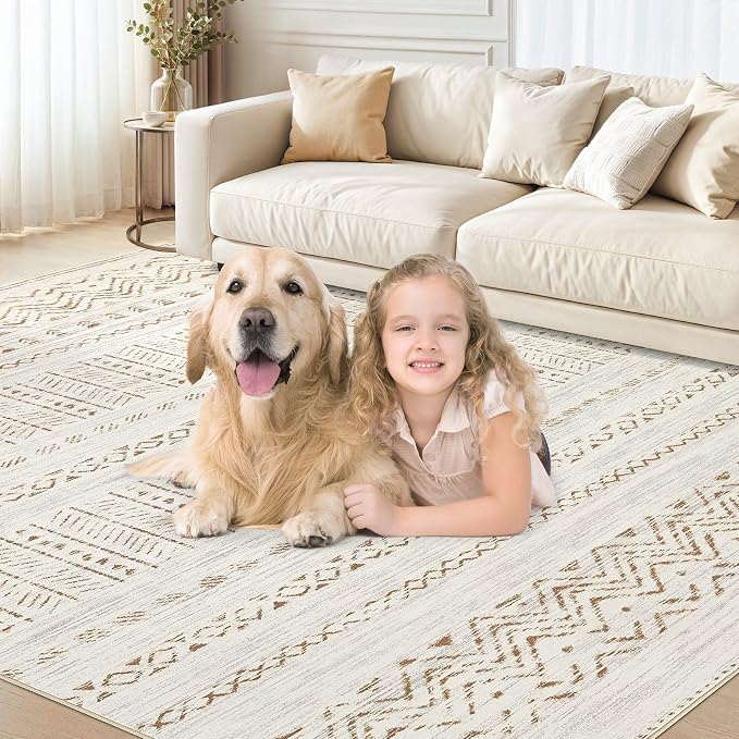 cotiled 10x12 Area Rugs Living Room Rug: Washable Boho Rugs with Non Slip Backing Large Soft Indoor Stain Resistant Carpet for Bedroom Farmhouse Dining Room Lightweight Home Decor Brown/Cream