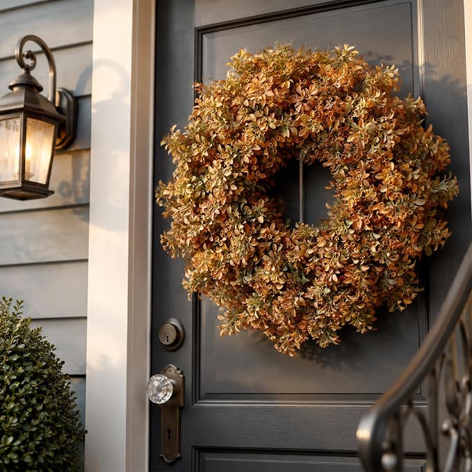 26" Artificial Fall Boxwood Wreath for Front Door Decor(Autumn Orange) | Large Wreath,Gradient Orange Leaves,Faux Aglaia Odorata Wreath,Window Wall Farmhouse Outdoor Decor for Harvest Thanksgiving