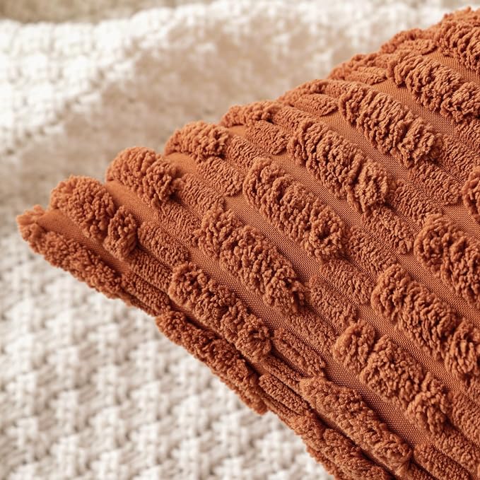 MIULEE Fall Pack of 2 Dark Rust Corduroy Decorative Pillow Covers 12x12 Inch Soft Boho Striped Throw Pillow Covers Modern Farmhouse Home Decor for Sofa Living Room Couch Bed