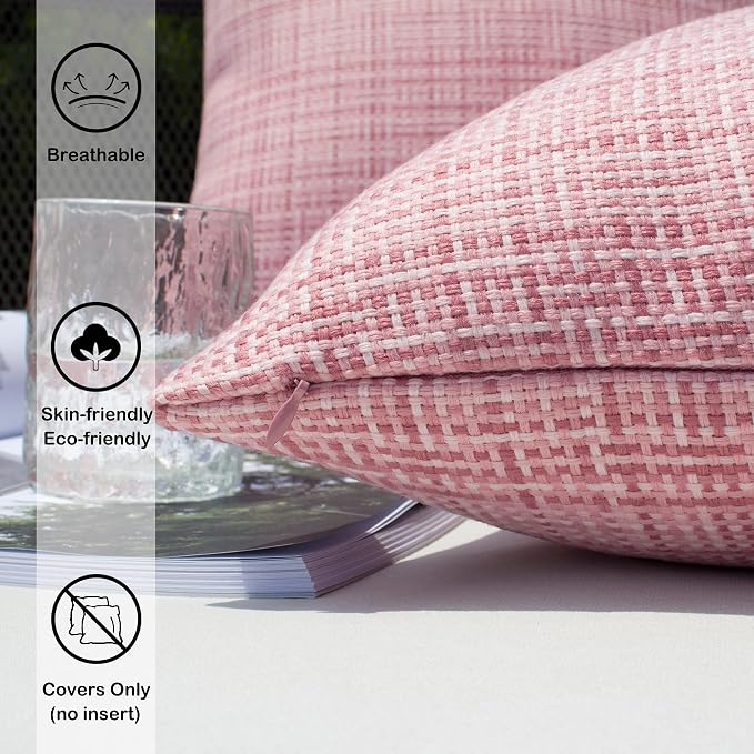 Kevin Textile Pack of 2 Decorative Outdoor Waterproof Throw Pillow Covers Stripe Square Pillowcases Valentines Day Modern Cushion Cases Gifts for Patio Couch Bench 18 x 18 Inch Pink