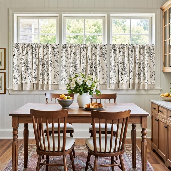 jinchan Linen Kitchen Curtain 24 Inch French Floral Double Layer Curtain Farmhouse Vintage Tier Drape Rustic Half Window Curtain for Living Room Window Treatment Rod Pocket 1 Panel Black on Beige