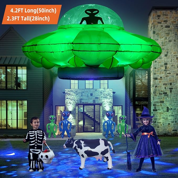 Alien Party Decorations 4.2FT Hanging UFO Cow Abduction Inflatable Alien Inflatable UFO Halloween Blow Up Built-in Green LED Blue&White Flashing Light with Cow Outdoor Indoor Home Garden Lawn Decor