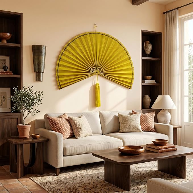 SUCHUBU Asian Bamboo Wall Fan, 40" Handwoven Decorative Fan, Large Japanese Wall Hanging, Farmhouse Bedroom Decor, Natural Woven Fiber Art, Easy to Mount Wall Pediment (Yellow, Medium)
