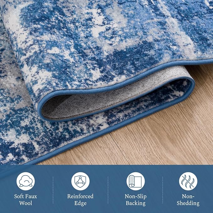 Rugflix 8x10 Area Rugs for Living Room, Washable Large Rug Stain-Resistant Low Pile, Modern Dark Carpet for Dining Room Home Office Kid Room Nursery Bedroom, Blue Grey