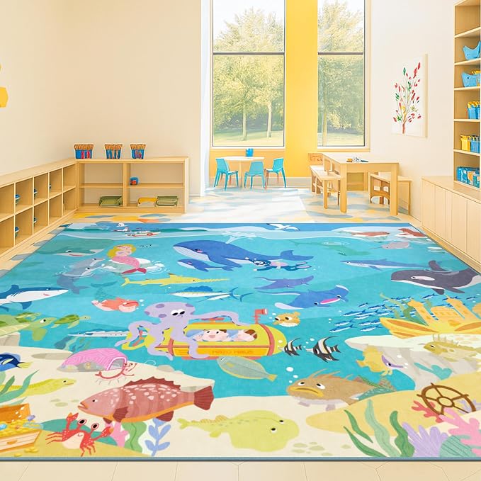 Large Blue Ocean Rug for Kids Room – 8x10 Area Rug with Mermaid & Fish, Washable Non Slip Fun Crawling Carpet for Classroom Elementory, Playroom or Beach Rugs for Bedroom