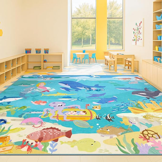 Large Blue Ocean Rug for Kids Room – 8x10 Area Rug with Mermaid & Fish, Washable Non Slip Fun Crawling Carpet for Classroom Elementory, Playroom or Beach Rugs for Bedroom