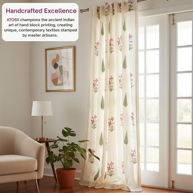 ATOSII 100% Cotton Single Panel Block Print Curtain, Easy Hanging with Rod Pocket & Loop, Living Room, Dining Room, Bedroom Light Filtering Boho Curtains, Set of 1, 60" W X 96" L, Cypress