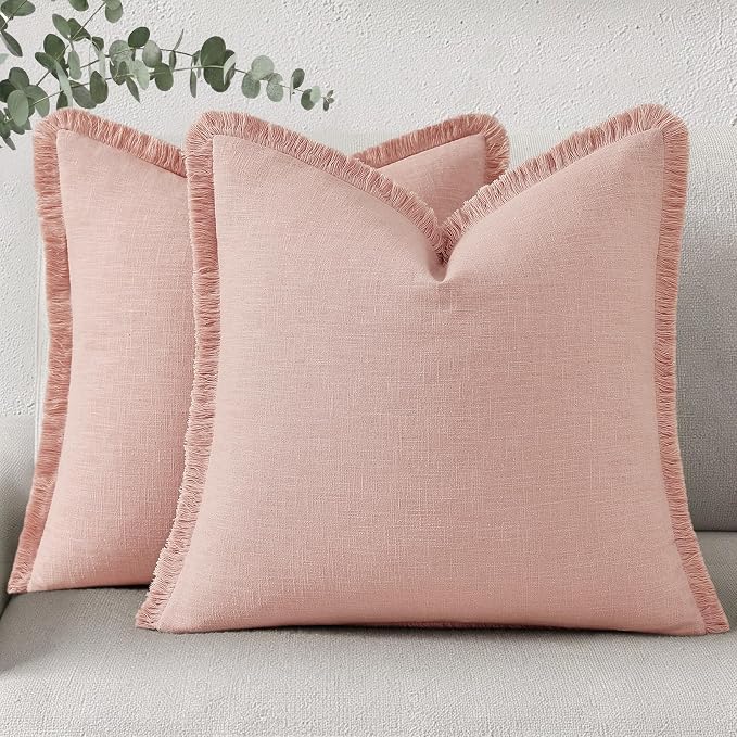 decorUhome Linen Fringe Throw Pillow Covers Set of 2 Decorative Pink Pillow Covers with Tassels Soft Accent Boho Farmhouse Pillow Cases for Couch Bed Sofa 16x16 Inch