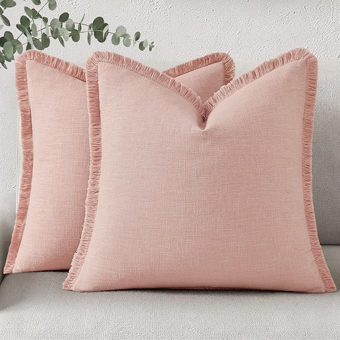 decorUhome Linen Fringe Euro Sham Throw Pillow Covers Set of 2 Decorative Pink Pillow Covers with Tassels Soft Accent Boho Farmhouse Pillow Cases for Couch Bed Sofa 24x24 Inch