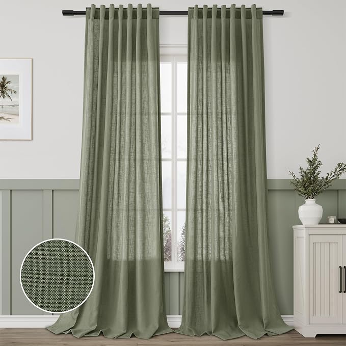 Aersas Olive Green Semi Sheer Long Curtains 120 Inch Length for Living Room 2 Panel Set Back Tab Rod Pocket Linen Textured Privacy Light Reducing Farmhouse Curtain for Dining Room 52x120