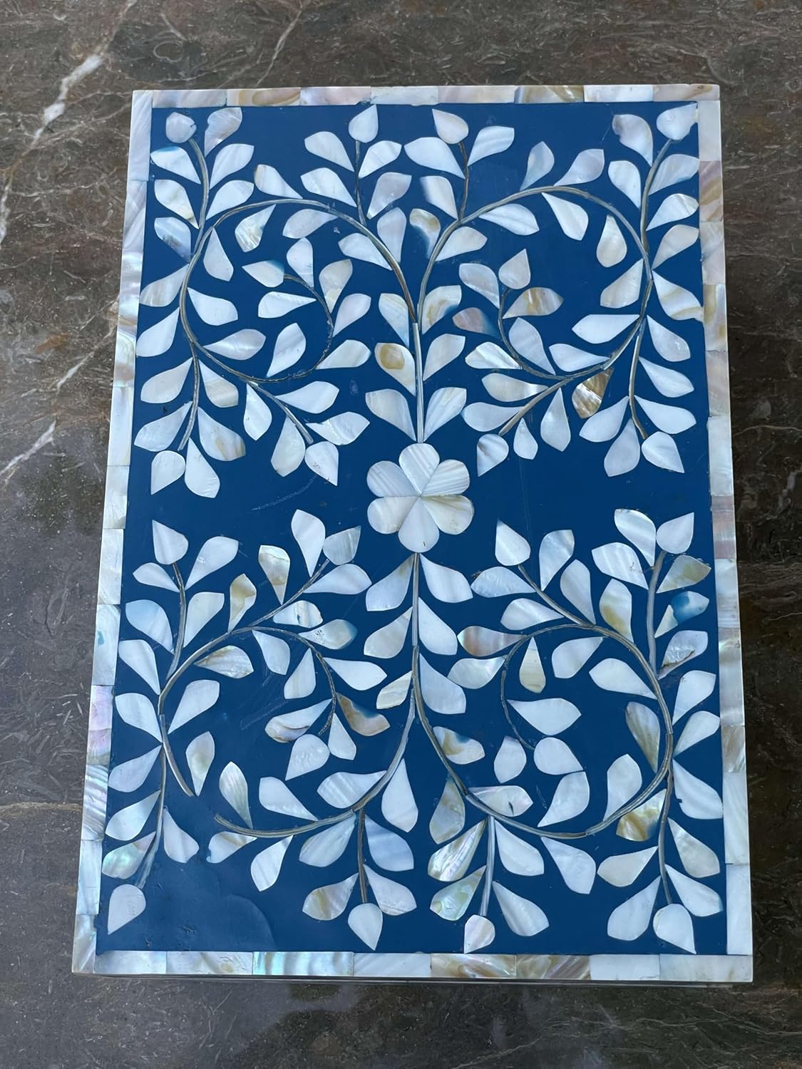 Decorative Storage Box Of Mother Of Pearl Inlay Floral Design Wooden Storage Box For Home Decoration For Living Dining & Bedroom (Navy Blue_12x8x5 inch)