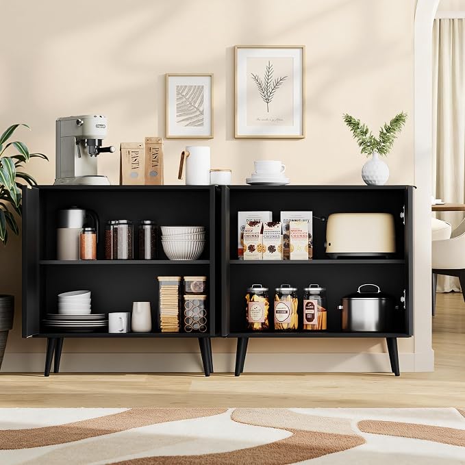 Fluted Storage Cabinet, Buffet Cabinet with Storage, Wood Sideboard with Adjustable Shelf, Modern Accent Cabinet & Console Table for Entryway, Living Room, Dining Room, Black