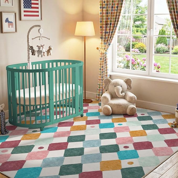 jinchan Macy Kids Area Rug for Classroom 8'x8' Square Rug Modern Colorful Nursery Rug Checkered Diamond Play Mat Washable Soft Non Slip Carpet for Playroom Bedroom Daycare Confetti on Cream