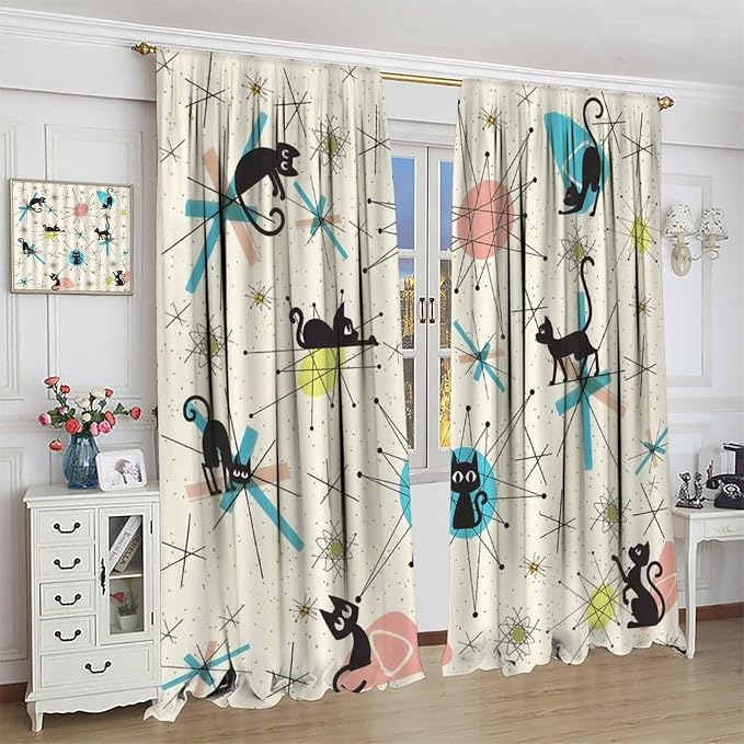JESTRONRY Mid Century Curtains, Black Cat Atomic Stars Abstract Geometric Vintage Kitty Animal Room Darkening Door Window Rod Pocket Curtain for Living Room Bedroom 63x72in