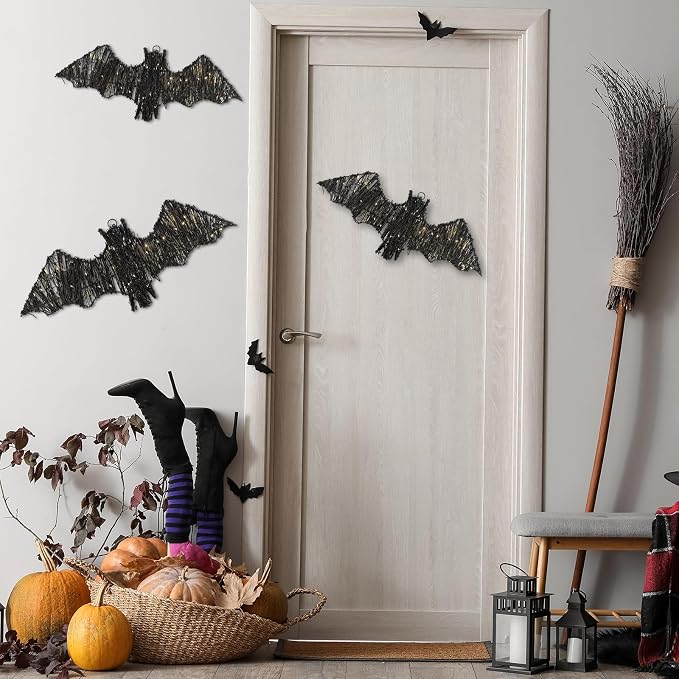 Glooglitter 2 Pack Rattan Bats with Hanging Loops Halloween Lights 3D Lit Woven Bats with Timer Remote for Rustic Modern Farmhouse Decorations