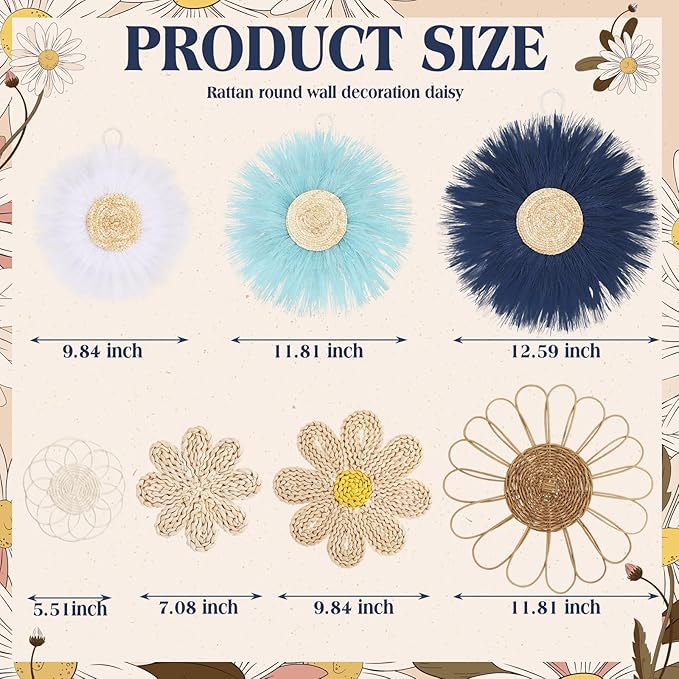 Chunful 7 Pcs Boho Wall Basket Decor Rattan Flower Wall Decor Nursery Daisy Flower Woven Macrame Hanging Flowers for Baby Kids Girls Farmhouse Bedrooms Living Rooms Kitchen Home(Blue)