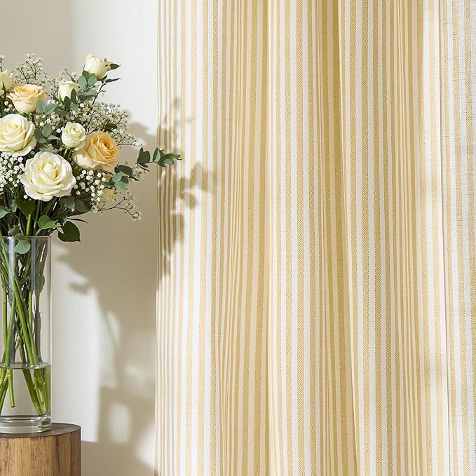 jinchan Linen Curtains 84 inch Yellow Stripe on White Grommet 2 Panels | Curtains for Living Room Bedroom,Ticking Vertical Stripe Pattern,Modern Farmhouse Drapes, Window Treatment,Light Filtering