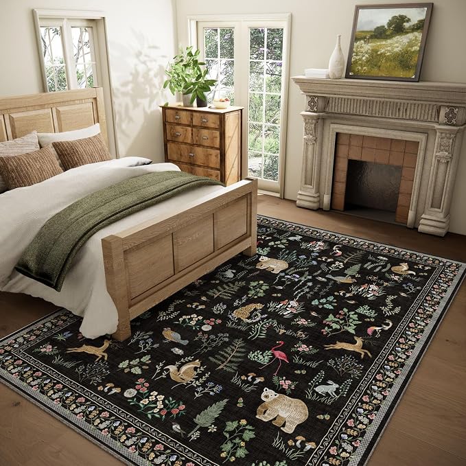 Washable Area Rugs for Living Room: 5x7 Bedroom Rug Vintage Rugs Stain Resistant Non Slip Low Pile Soft Lightweight Indoor Carpet Rug for Kitchen Dining Room Farmhouse Nursery Kids Room Home Office