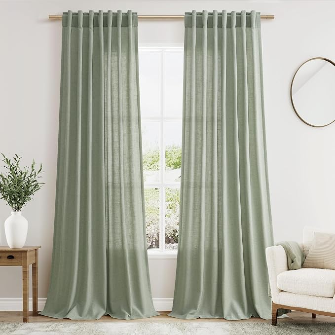 Nanspring Extra Long Linen Curtains 102 Inches Long for Living Room Sheer Light Filtering Floor to Ceiling Curtain Back Tab Boho Farmhouse Window Drapes for Bedroom Desert Sage 52x102 2 Panels