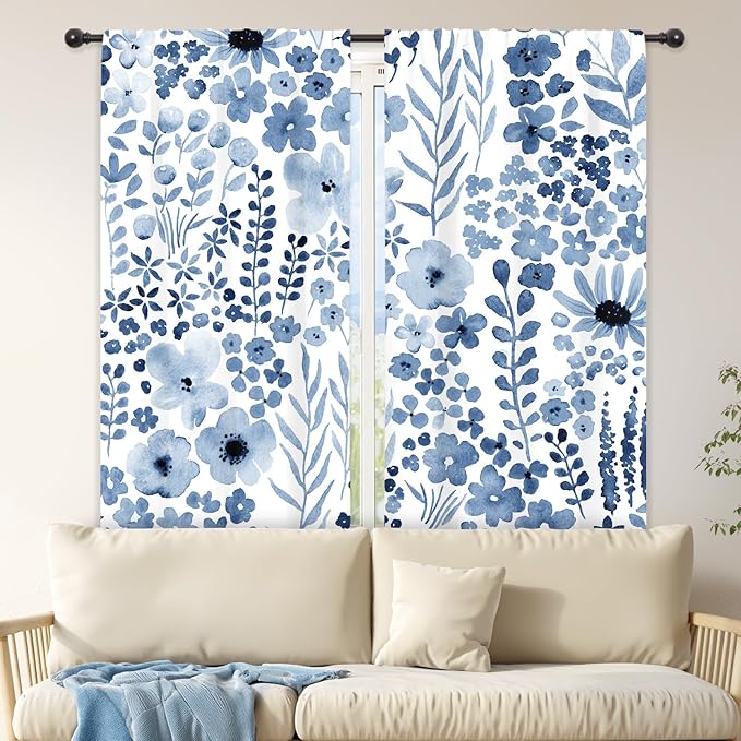 Riyidecor Navy Blue Floral Curtains Wildflower Watercolor Flower Rustic Leaves Boho Cute Botanical Plant Spring Nature Rod Pocket Modern Bedroom Living Room Treatment Fabric 2 Panels 42Wx63H Inch