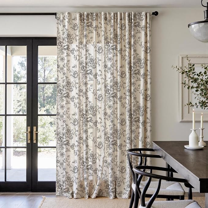 jinchan Linen Floral Curtains 100 Inch Extra Wide for Patio Sliding Glass Door Room Divider Curtain for Living Room 96 Inch Length Farmhouse Peony Black Printed Curtain Set 1 Panel