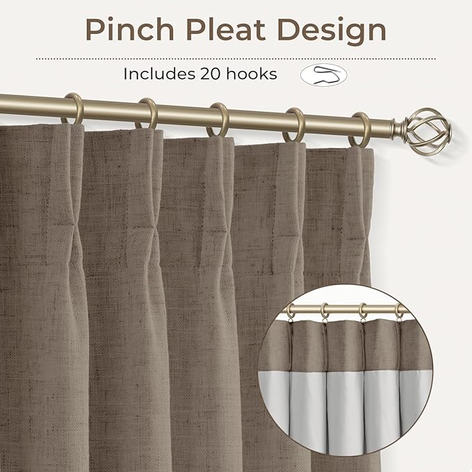 CAPALOCA Pinch Pleated Blackout Curtains 102 Inches Long, Linen Blend, 100% Blackout Drapes with 20 Hooks, Ideal for Bedroom and Living Room, 40" W x 102" L (Pack of 2), Burlywood Birch