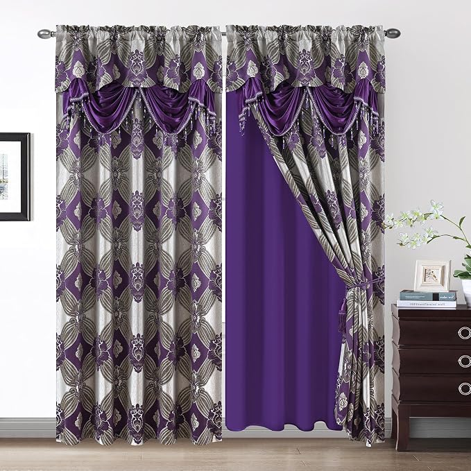 Petrichor Elegant Curtains with Gold Silver Threads 2 Panels Set - Luxury Window Treatment Attached Valance, Sheer Backing, and 2 Tie Backs for Bedroom and Living Room, 54x63 inches, Purple