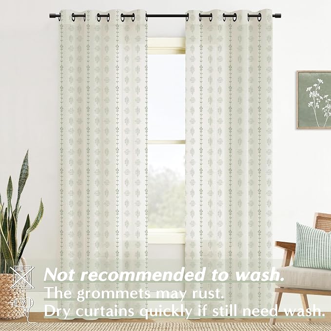 Sage Green Floral Curtains,Sheer Farmhouse Linen Boho Vine Flowered Custom Designer Curtains for Windows 96 Inches Long 2 Panel Set
