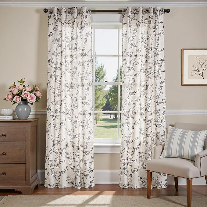jinchan Black Floral Linen Curtains 84 Inch Rustic Drapes Back Tab 2 Panels | Black on beige, light filtering, semi sheer, farmhouse, country, privacy, flower, bedroom, living room, window treatment