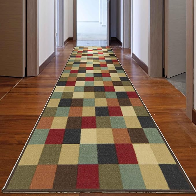 Ottomanson 2'7" x 46' Extra Long Hallway Runner Rug – Non Slip Low Pile Carpet Runner for Hallways, Corridors & Narrow Spaces, Checkered Multicolor