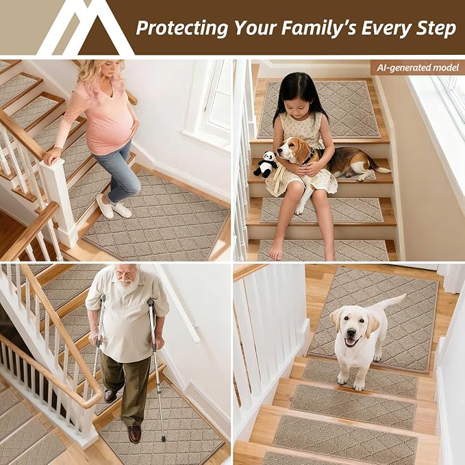 COSY HOMEER Edging Stair Treads Non-Slip Corner Indoor Stair Runners for Wooden Steps,Landing Slip Resistant Stair Rugs Mat for Kids and Dogs,100% Polyester TPE Backing,Beige,30x30 inch