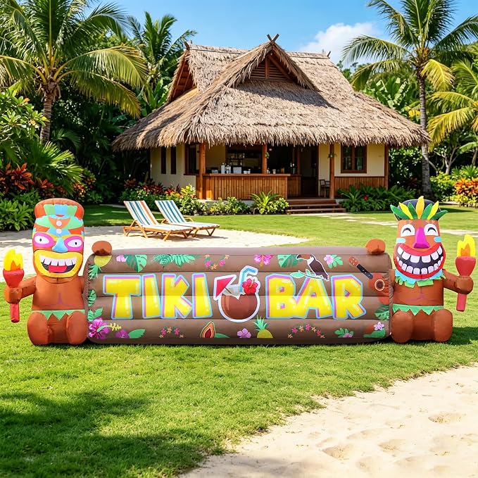 DomKom 7FT Tiki Luau Inflatables, Two Tiki Inflatables, Hawaiian Summer Tropical Beach Blow up Party Decor Party Giant Yard Decoration, Outdoor Built-in LED Lights Lawn Holiday Outside
