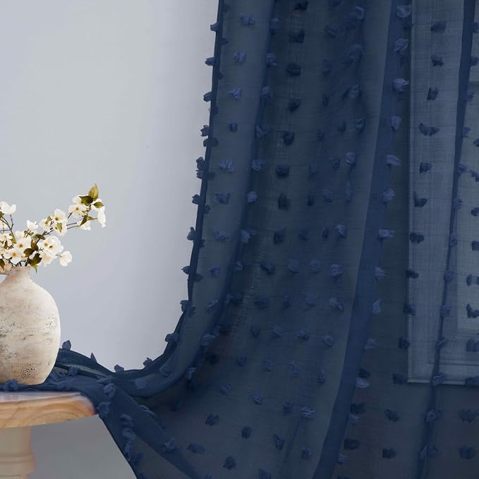 Navy Blue Curtains 90 Inches Long for Living Room Bedroom Cute Pom Pom Farmhouse Boho Drapes Semi Sheer Nursery Kids Room Classroom Back Tab 2 Panels Indigo Royal Dark Blue Curtains 90 Inch Length