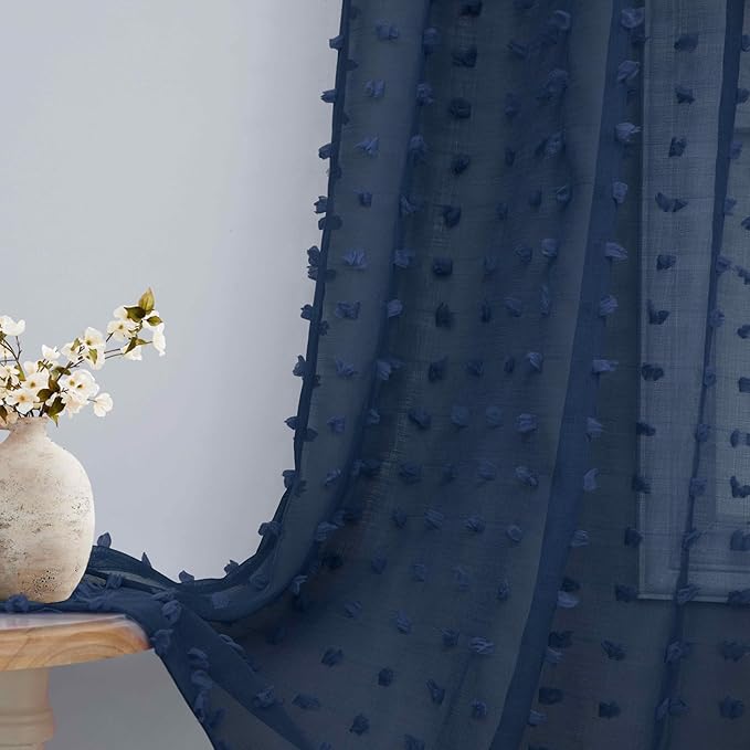 DANCURTON Blue Sheer Curtains 102 Inches Long for Living Room Boys Kids Room Pom Pom Textured Ceiling to Floor Length Farmhouse Boho Navy Blue Bedroom Curtain Light Filtering 2 Panels Back Tab 52x102
