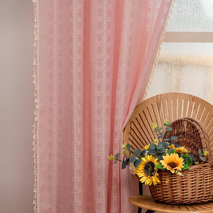 Deeprove Blush Pink Boho Curtain 96 inches Long for Living Room Bedroom, Vintage Bohemian Tassel Sheer 96 inches Puddle Length 8 FT Striped Embroidery Privacy Window Treatment W52 x L96, 1 Panel