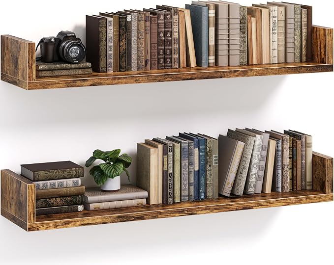 Floating Bookshelves for Wall - Wall Mounted Bookshelf Set of 4, U-Shaped Hanging Bookshelf for Bedroom, Living Room & Office, Wall Book Shelf for Home Decor & Storage (Rustic Brown, 31.5, 2)