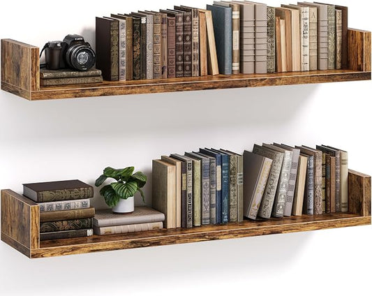 Floating Bookshelves for Wall - Wall Mounted Bookshelf Set of 4, U-Shaped Hanging Bookshelf for Bedroom, Living Room & Office, Wall Book Shelf for Home Decor & Storage (Rustic Brown, 31.5, 2)